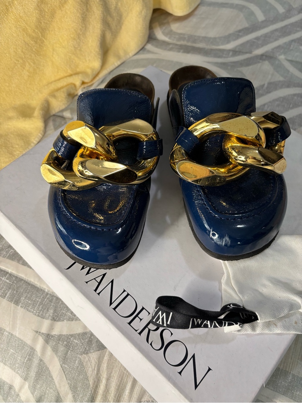 JW ANDERSON Navy Patent Leather Mules with Gold Chain